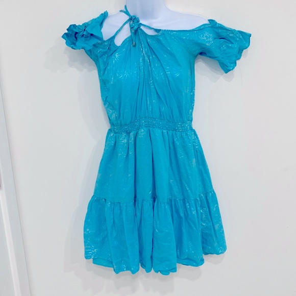 Preowned L Michael Kors Foil Print Cold Shoulder Turquoise dress size L - Picture 5 of 7